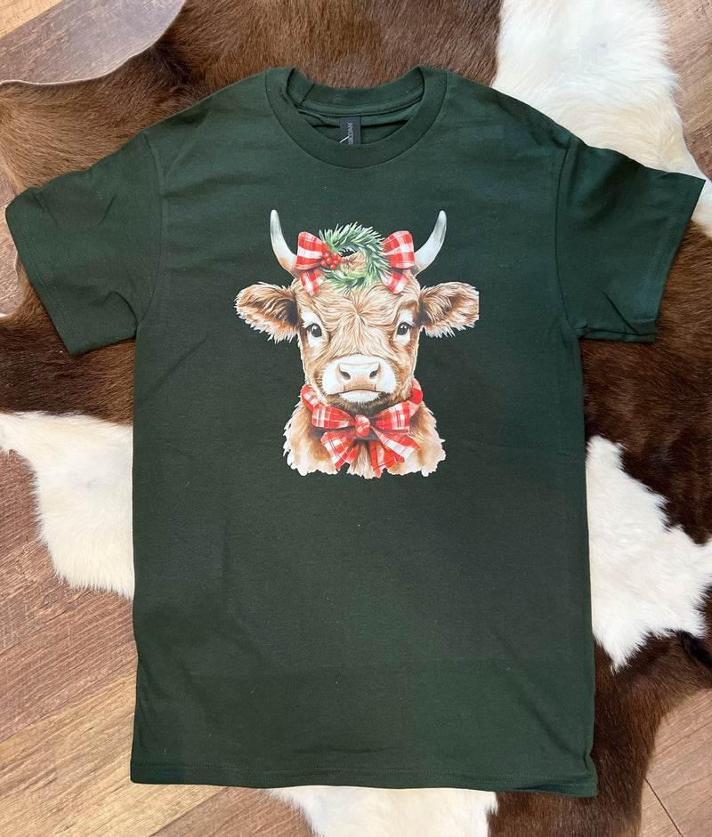 Green Highland Cow Christmas Tee