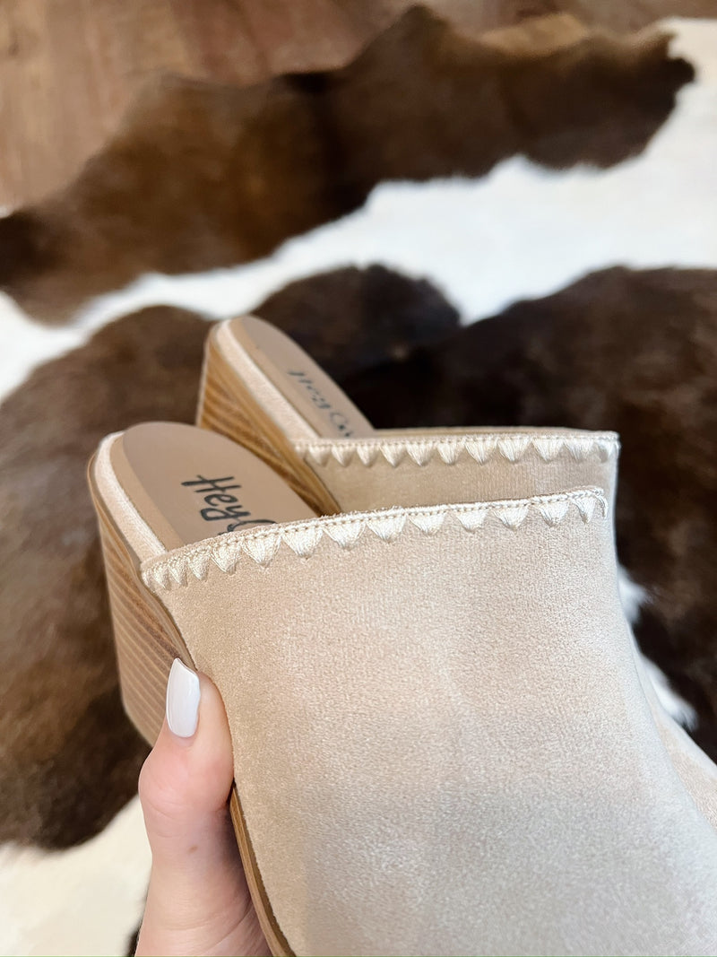 Clara's Suede Heeled Mules Sand