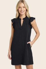 Black Split Neck Ruffle Sleeve Dress