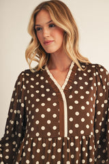 Brown Polka Dot Ruffled V Neck Midi Dress