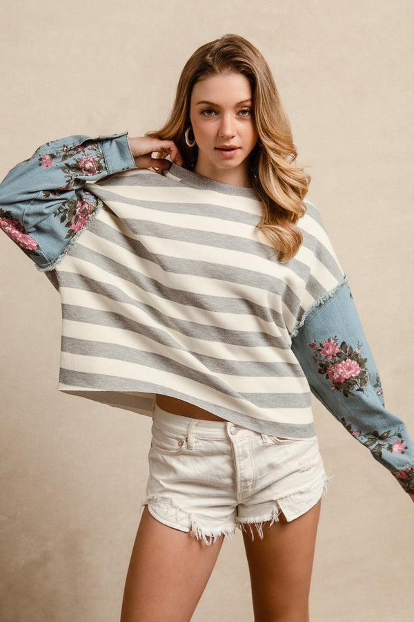 Ivory and Gray Striped Top with Denim Floral Printed Sleeves
