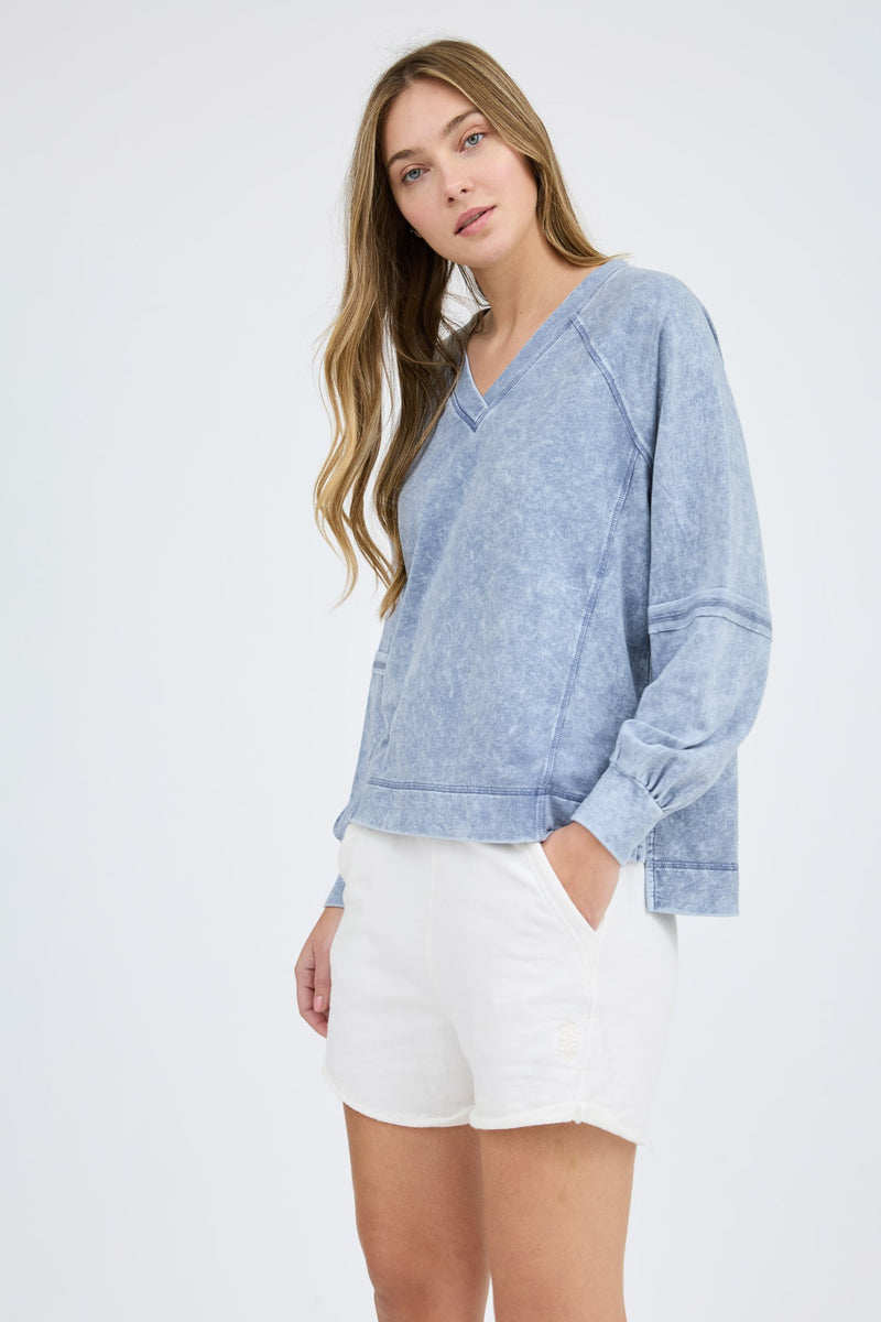 Blue Washed V Neck Raw Seam Long Sleeve Knit