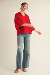 Scalloped Edge 3/4 Sleeve Top