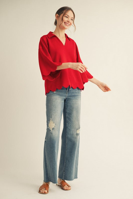 Scalloped Edge 3/4 Sleeve Top