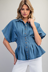 Denim Pleated Button Down Top