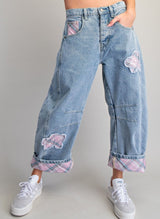 Denim Floral Patch Barrel Jeans