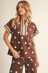 Brown Front Zip Polka Dot Band Accent Top