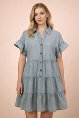 Chambray Ruffled Tiered Shirt Dress