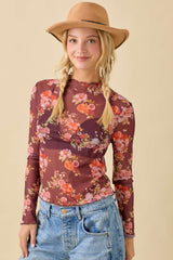Brown Floral Printed Mesh Top