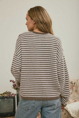 Button Henley Stripe Long Sleeve Drop Shoulder Sweater