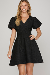 Puff Sleeve V-Neck Jacquard Dress