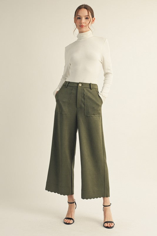 Olive Scalloped Edge Faux Suede Pants