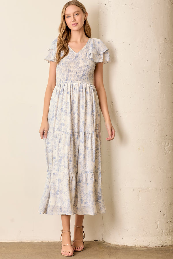 Blue Floral Print Ruffle Sleeve Dress