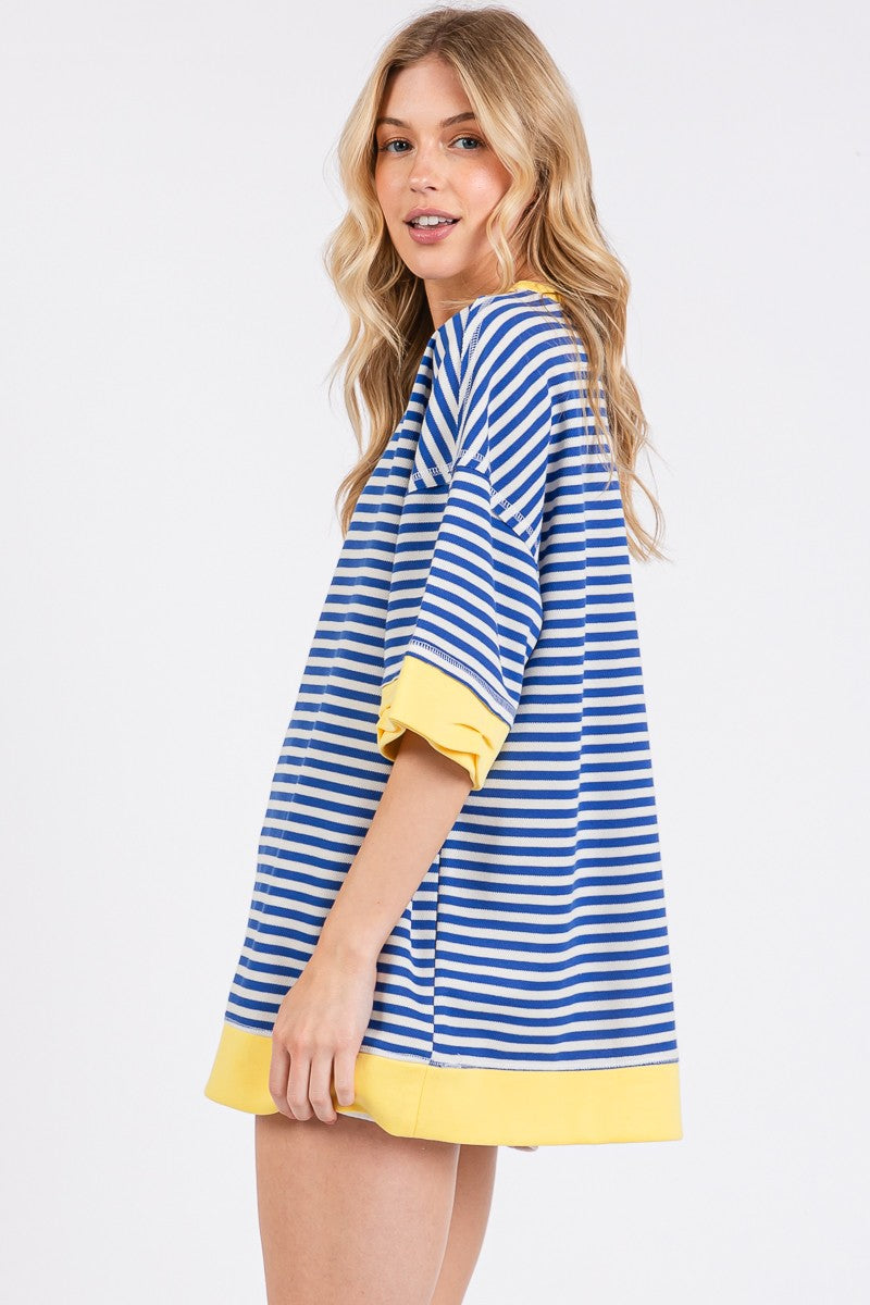 Royal Blue Striped Top with Yellow Trim
