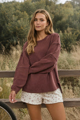 Maroon Exposed Seam Detail Long Sleeve Top