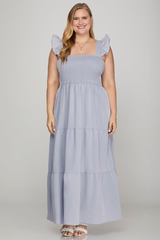 Curvy Square Neck Ruffled Sleeve Tiered Maxi Dress
