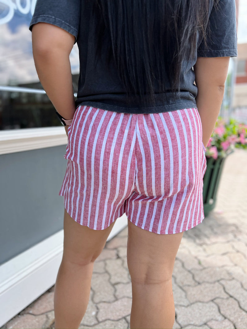 Red & White Stripe Elastic Banded Shorts W/ Tie
