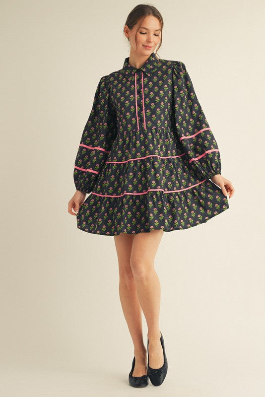 Black Floral Pattern Button Up Poof Sleeve Dress