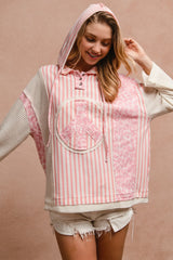 Curvy Pink Leopard and Stripe Mixed Material Hooded Top