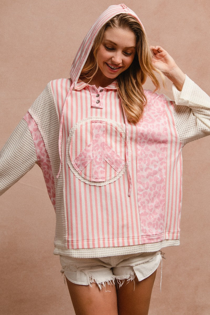 Curvy Pink Leopard and Stripe Mixed Material Hooded Top