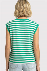 Green and White Stripe Y Split Neck Top