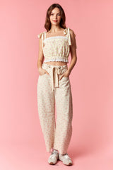 Pink Ditsy Floral Barrel Leg Denim Pants with Tie