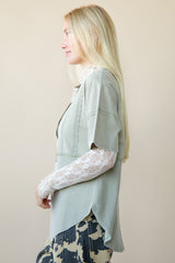 Olive Mineral Wash Top With Front Lace Trim