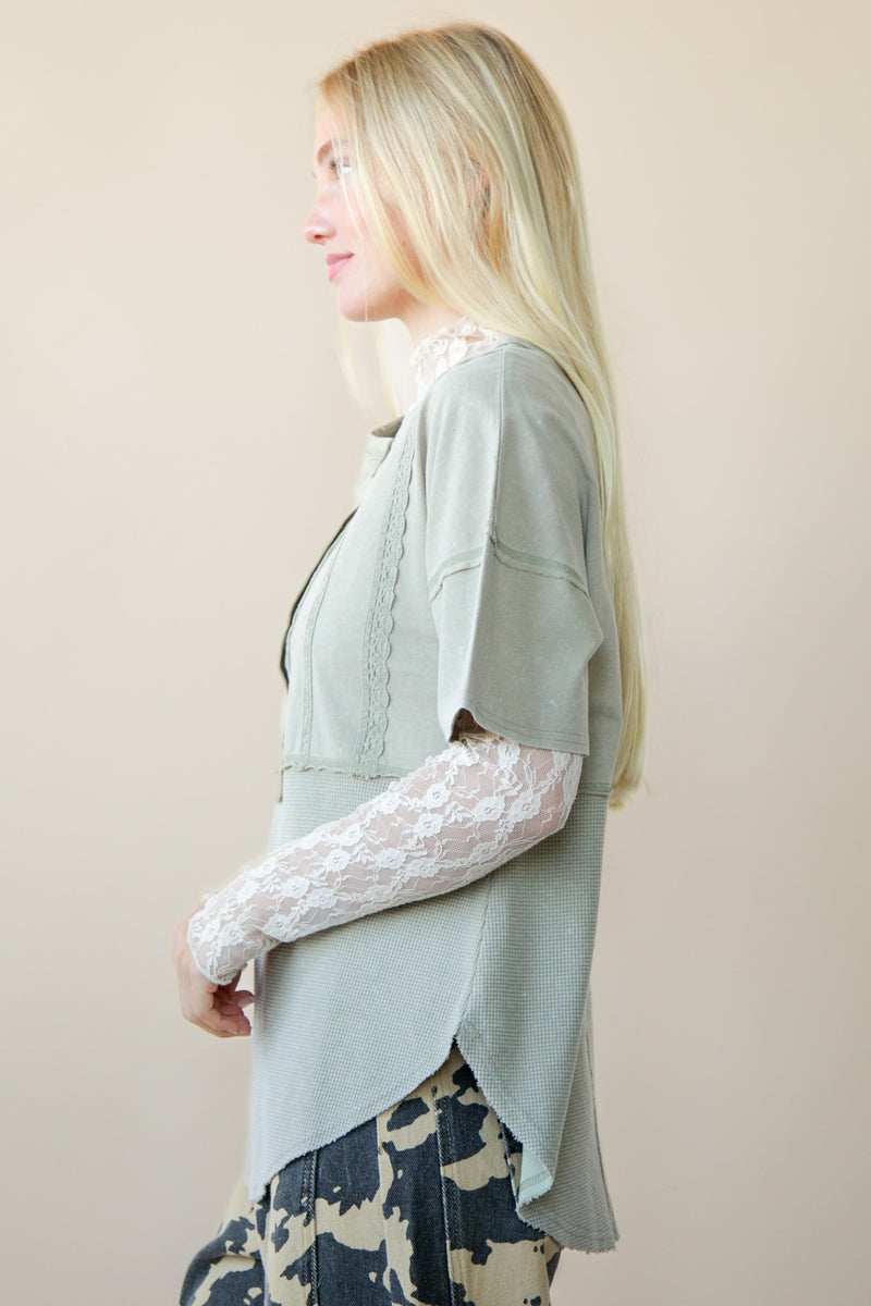 Olive Mineral Wash Top With Front Lace Trim