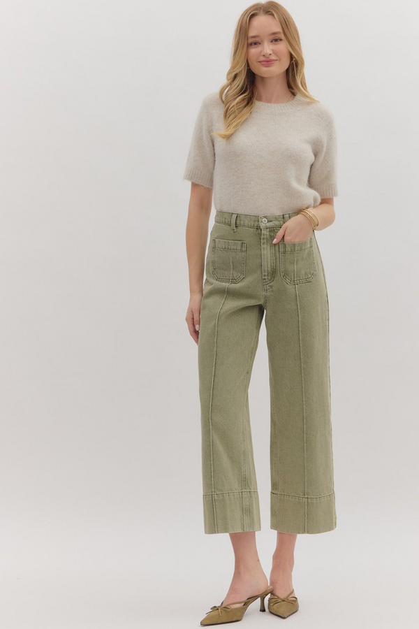 Olive Snow Wash Wide Leg Front Seam Pant