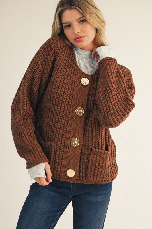 Brown Big Gold Button Cardigan