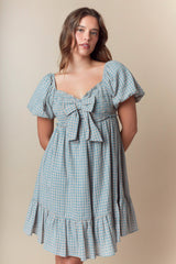 Dusty Teal Ribbon Front Smocked Plaid Midi Dress