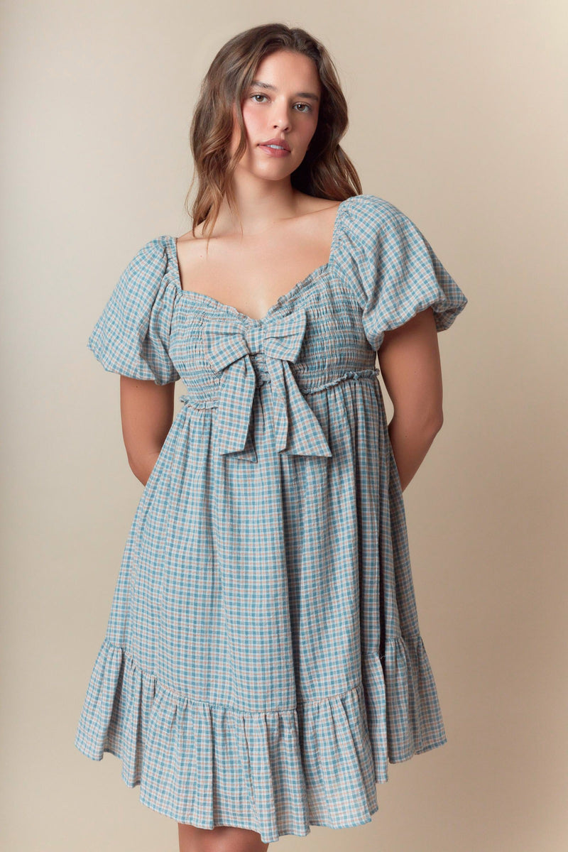 Dusty Teal Ribbon Front Smocked Plaid Midi Dress