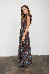 Dark Brown Floral Ruffle Strap Dress