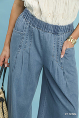 Light Denim Front Pleated Wide Leg Pant