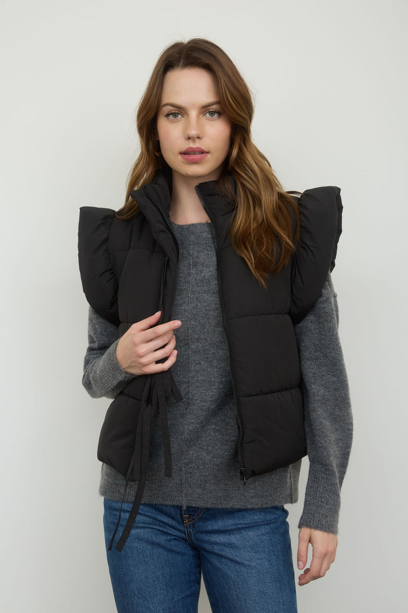 Flutter Sleeve Bow Zip-Up Puffer Vest