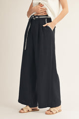 Black Embroidery Accent Wide Leg Pants