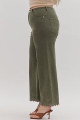 Curvy Olive High Waist Crop W/ Floral Embroidered Hem