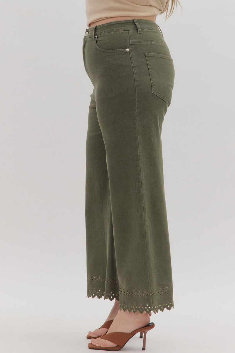 Curvy Olive High Waist Crop W/ Floral Embroidered Hem