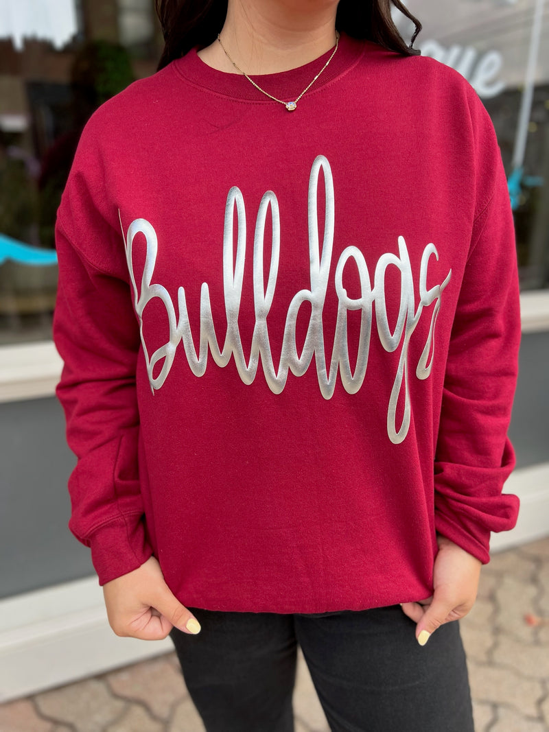 Maroon Crewneck With Silver Puff Bulldogs