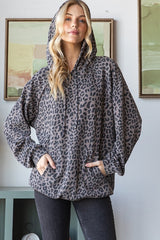 Curvy Gray Leopard Print Ribbed Hoodie