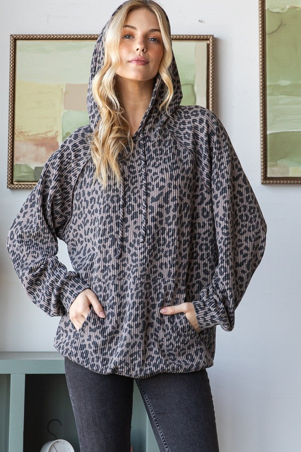 Curvy Gray Leopard Print Ribbed Hoodie