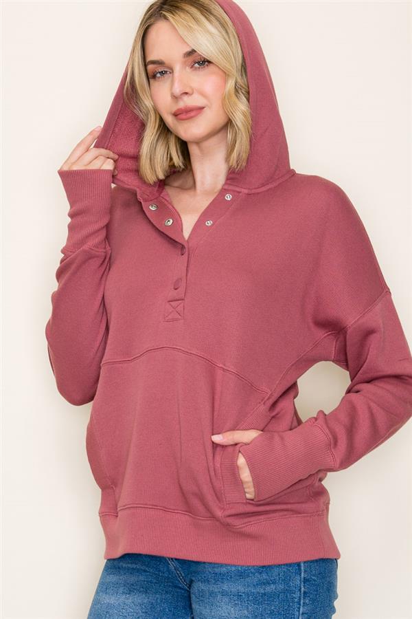 Marsala Half Snap Button Long Sleeve Kangaroo Pocket