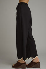 Black Scallop Trim Hem Elastic Waist Pants
