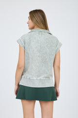 Washed Half Zip Ribbed Sleeveless Top