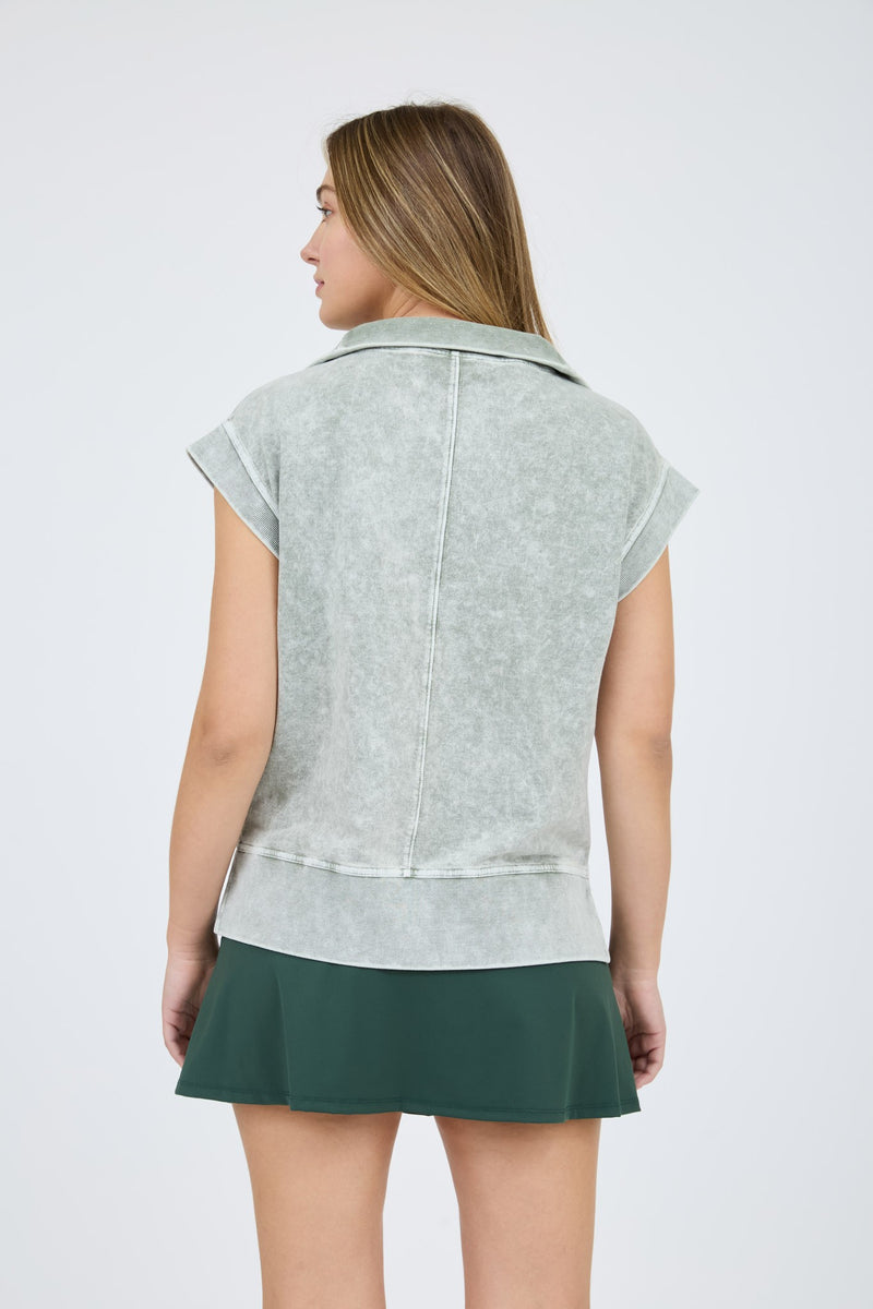 Washed Half Zip Ribbed Sleeveless Top