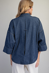 Dark Denim Stripe Button Down 3/4 Sleeve Shirt