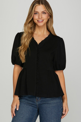 Black Short Sleeve Soft Ruffled Neck Top