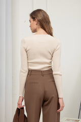 Cream Fitted Ribbed Knit Top