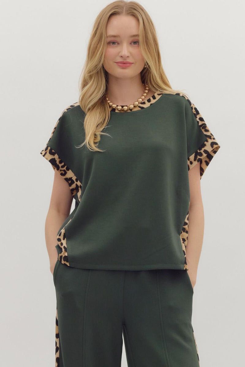 Dark Green Short Sleeve Knit W/ Leopard Contrast