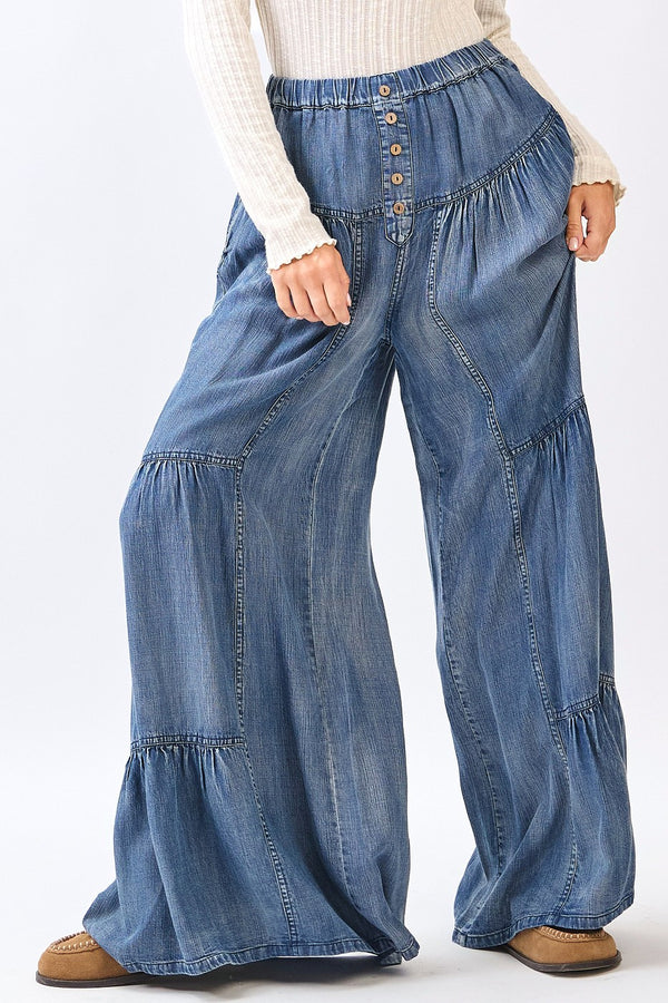Chambray Tiered Flare Pants With Button Details